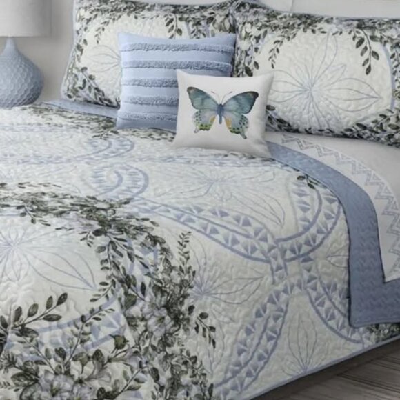 New Oasis Blue KING Size 3 Piece Beautiful Floral Quilt Set - Picture 3 of 4